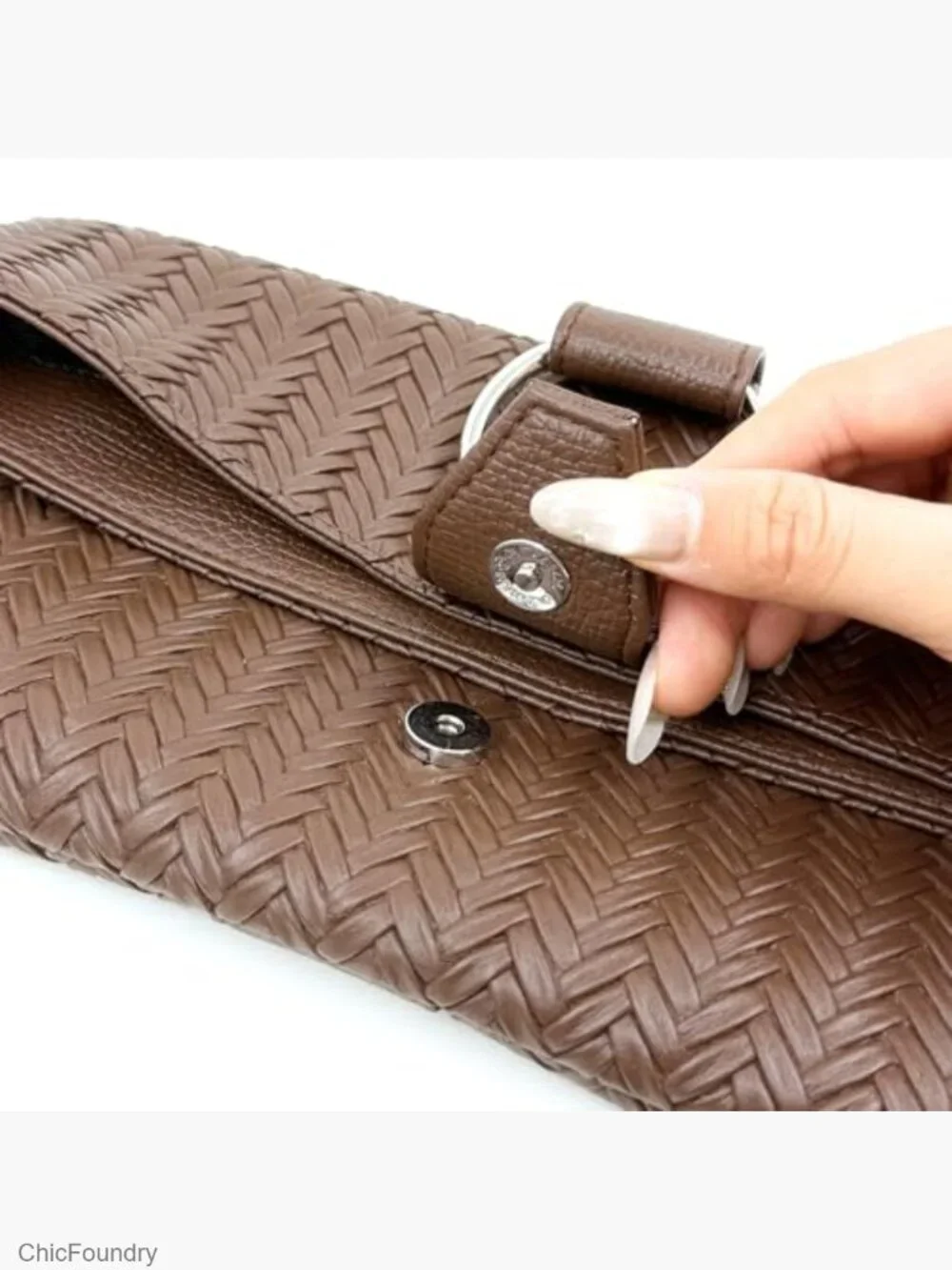 Woven PU Leather Evening Clutch with O-Ring Buckle for Women